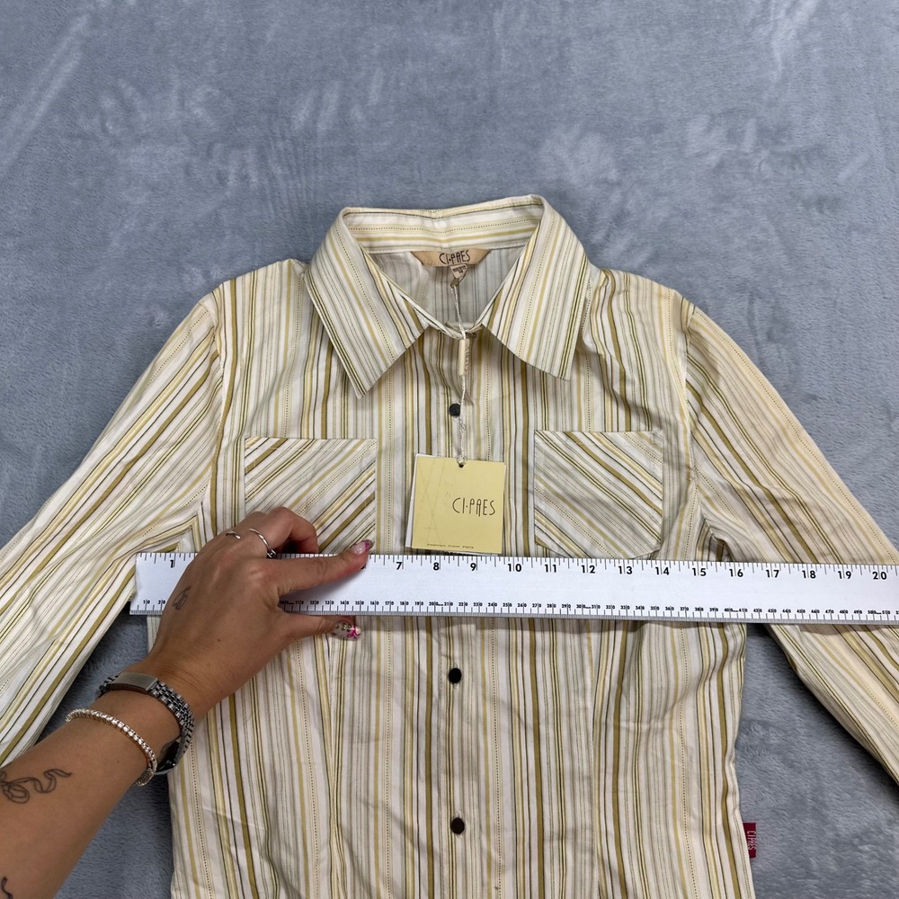 CI-PRES Womens Striped Button Down Shirt Cream Olive Green Size 38 NWT - Picture 6 of 6